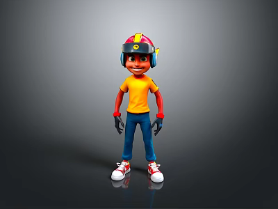 Man Wearing Red And Yellow Helmet Yellow T-Shirt Red Sleeves Blue Pants White Shoes Standing Pose 3d model
