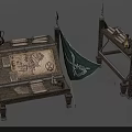 Ancient Wooden Table With Map Scrolls Jug Green Flags And Wooden Structure Setup 3d model