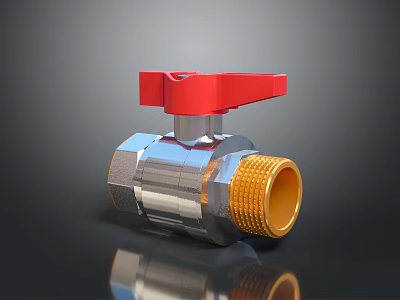 Shiny Metal Ball Valve With Silver Body Red Handle And Golden Connector 3d model