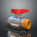Shiny Metal Ball Valve With Silver Body Red Handle And Golden Connector