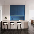 Modern Pantry Interior Design With Blue Cabinets Countertop And Black Bar Stools