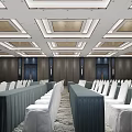Spacious Conference Room With White Chair Covers Large Projection Screen Bright Ceiling Lighting And Windows 3d model