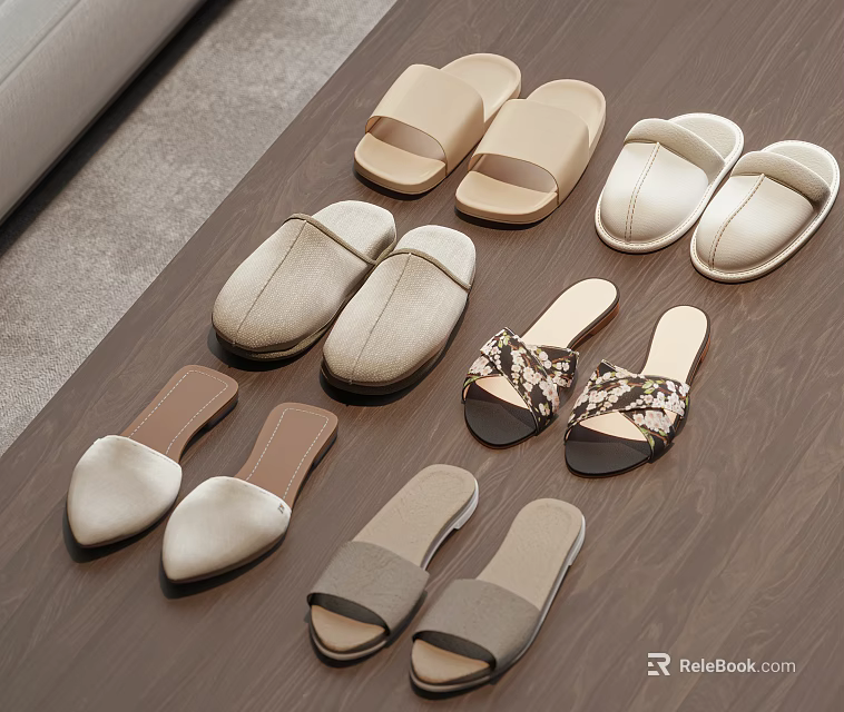 Comfortable Neutral Toned Slippers with Various Fabric and Leather Styles on Wooden Floor 3d model 