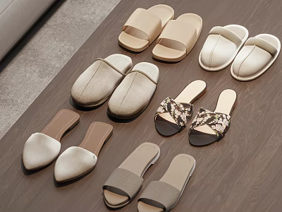 Comfortable Neutral Toned Slippers with Various Fabric and Leather Styles on Wooden Floor 3d model