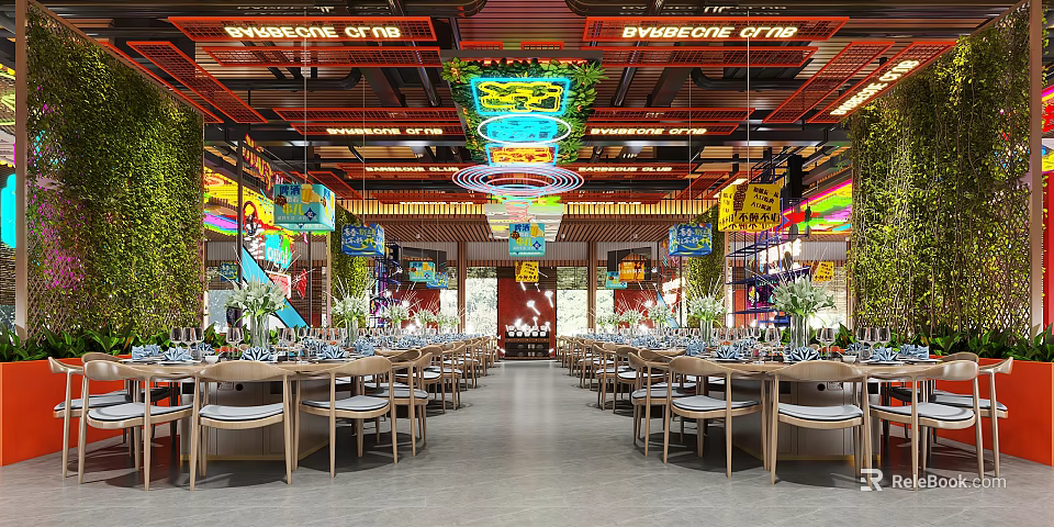 Cyberpunk Style Restaurant Interior with Neon Lights Dining Tables Chairs Green Plants and Decorative Paintings 3d model 