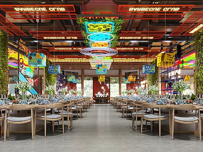 Cyberpunk Style Restaurant Interior with Neon Lights Dining Tables Chairs Green Plants and Decorative Paintings 3d model