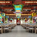 Cyberpunk Style Restaurant Interior with Neon Lights Dining Tables Chairs Green Plants and Decorative Paintings