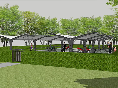 Scenic Landscape Garden With Canopy Structure Bicycle Parking Green Lawn And Trees 3d model
