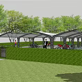 Scenic Landscape Garden With Canopy Structure Bicycle Parking Green Lawn And Trees