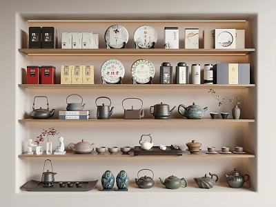Assorted Tea Wares On Shelves Display With Teapots Cups And Trays 3d model