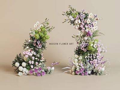 Modern Floral Art Decoration With Purple White Flowers Greenery And Artistic Design 3d model