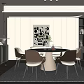 Modern Dining Room Interior With Round Table Beige Gray Chairs Abstract Painting And Potted Plant