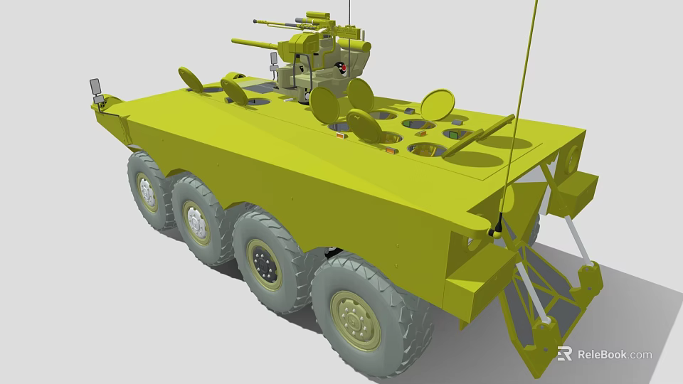 Green Six Wheeled Armored Functional Vehicle With Turret Antenna And Circular Devices 3d model 