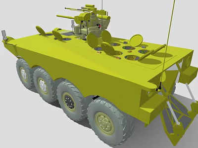 Green Six Wheeled Armored Functional Vehicle With Turret Antenna And Circular Devices 3d model
