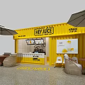 HEY JUICE Yellow Container Style Outdoor Milk Tea Shop With Tables Chairs And Umbrellas