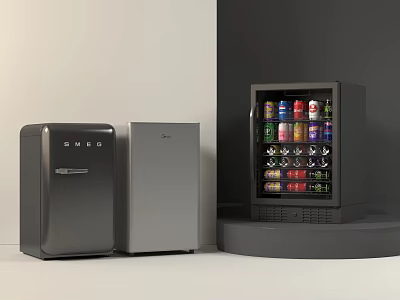 Modern Stainless Steel Refrigerators And Glass Door Freezers For Home Beverage Storage 3d model