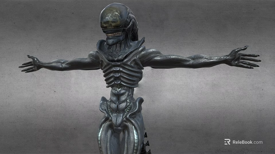 Game Movie Alien Character With Metallic Skeletal Structure Open Arms And Detailed Design 3d model 