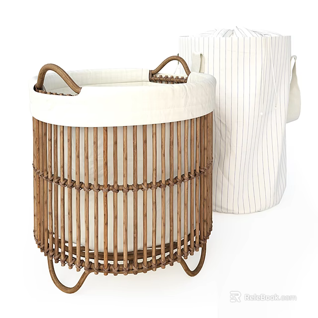 Rattan Storage Basket with White Liner Handles and Striped Fabric Design 3d model 