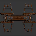 Ancient Medieval Siege Catapult Weapon with Wooden Frame Wheels Chains and Stone Projectile