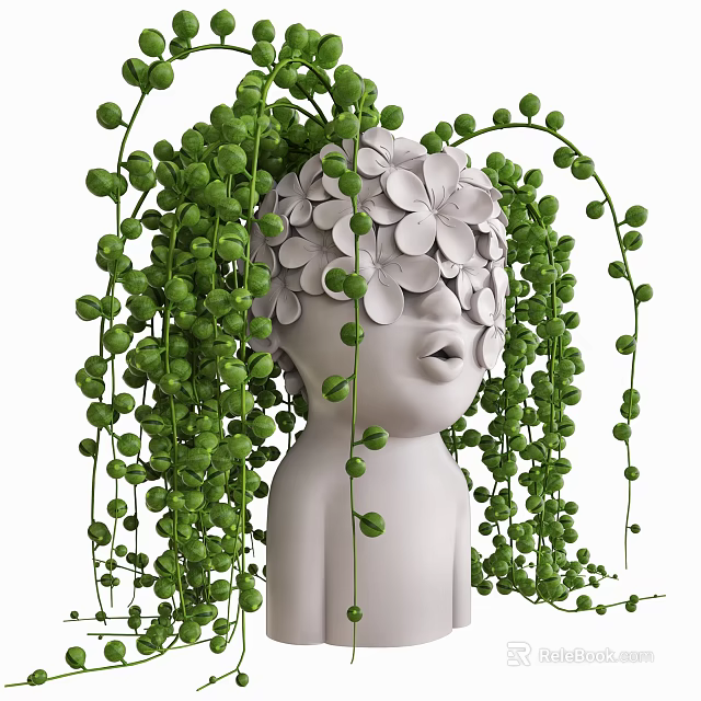 White Human Shaped Vase with White Flowers Green Hanging Vines and Small Round Leaves 3d model 
