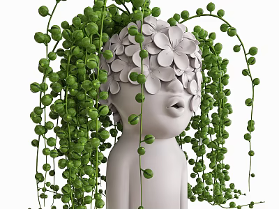White Human Shaped Vase with White Flowers Green Hanging Vines and Small Round Leaves 3d model