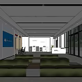 Spacious Modern Service Hall Interior With White Walls Blue Display Green Sofas And Glass Doors