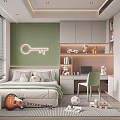 Modern Kids Room Study Area With Pink Cabinets Green Chair Laptop Bookshelf Toys Built-in Lighting