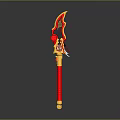 Traditional Decorative Weapon With Red Long Handle Golden Decorations And Flame Like Top Design