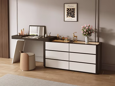 Modern Dressing Table With Dark White Drawers Laptop Cosmetics Flowers Stool And Wall Artwork 3d model