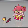 Cute Pink Haired Cartoon Character with Floral Outfit and Mini Mechanical Devices