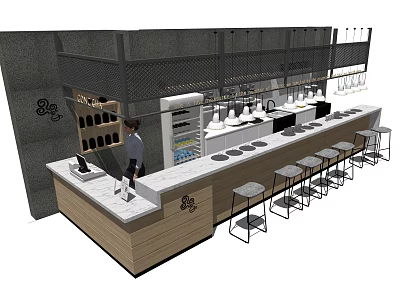 Modern Industrial Bar Counter With White Countertop Wooden Base And Hanging Wine Glasses 3d model
