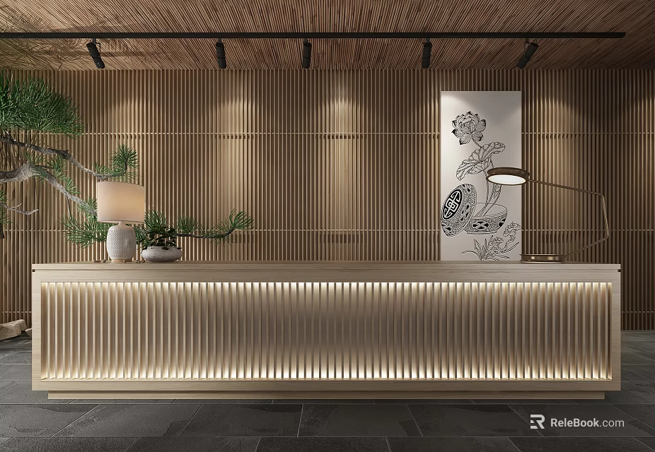 Modern Reception Desk With Bamboo Wall Decorative Painting Table Lamp And Green Plant 3d model 