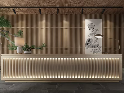 Modern Reception Desk With Bamboo Wall Decorative Painting Table Lamp And Green Plant 3d model