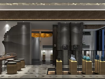 Elegant Chinese Style Boutique Interior With Wooden Display Counters And Soft Lighting 3d model