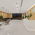 Modern Office Reception Area With Sofa Chairs Plants Wooden Wall And TV Screen