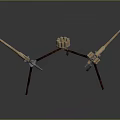Antique Weapons Featuring Wooden Tripod Stands And Metal Barrels With Central Component