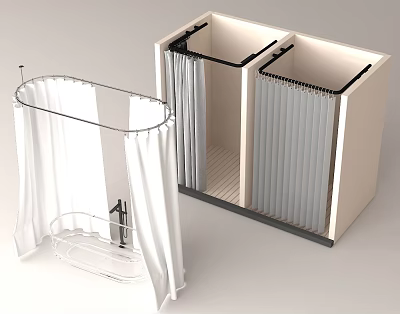 Modern Shower and Sauna Design With Curtain Rack and Slatted Panels 3d model