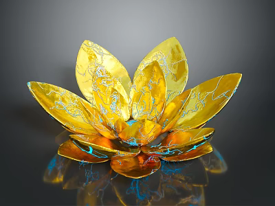 Golden Metallic Lotus Shaped Decorative Piece With Blue Patterns On Black Background And Reflection 3d model