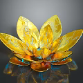 Golden Metallic Lotus Shaped Decorative Piece With Blue Patterns On Black Background And Reflection