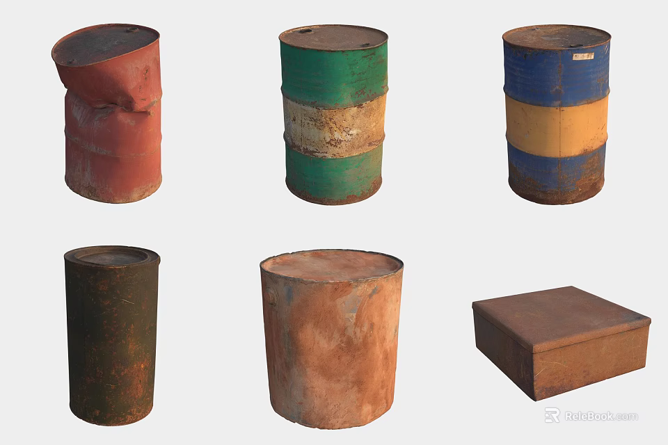 Hardware Tools Storage With Multiple Colored And Rusty Barrels Plus Wooden Storage Box 3d model