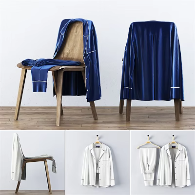Elegant Blue Silk Robe And White Pajamas On Chair And Hanging 3d model