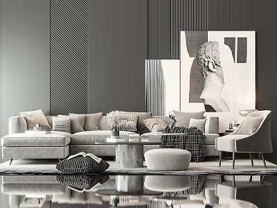 Modern Gray Sofa And Coffee Table With Multiple Pillows Round Ottoman Abstract Painting Modern Decor 3d model