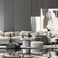 Modern Gray Sofa And Coffee Table With Multiple Pillows Round Ottoman Abstract Painting Modern Decor