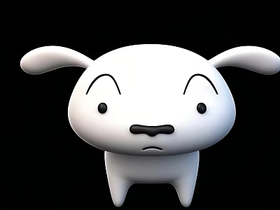 White Cartoon Dog With Big Ears Black Eyes And Serious Expression On Black Background 3d model