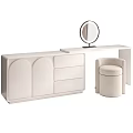 Modern White Dressing Table With Round Mirror Upholstered Stool Drawers And Cabinets 3d model