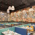 Traditional Mural Restaurant Interior With Colorful Booth Seating Neat Table Settings And Pendant Lights