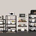 Modern Kitchen Storage Shelving Units With Microwaves Pots Storage Boxes And Bottles 3d model