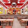 Bright Restaurant Interior With Red Ceiling Blue Menu Board And Wooden Tables Red Chairs