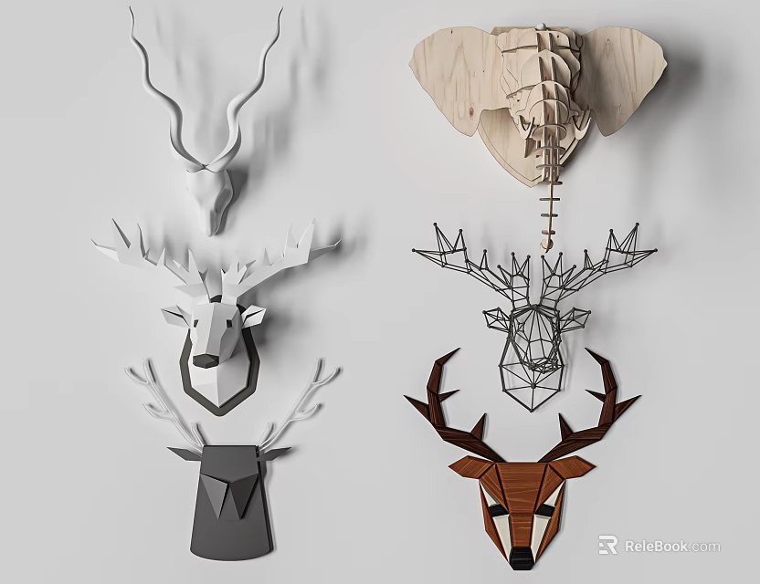 Modern Animal Wall Decor Featuring Deer Head and Elephant Head Geometric Wooden Sculptures for Home 3d model 