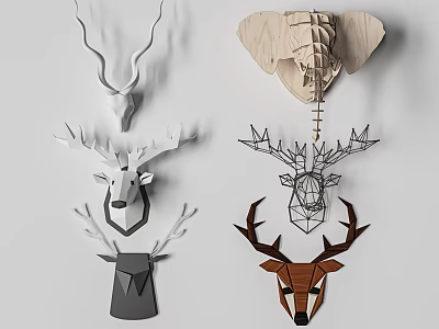 Modern Animal Wall Decor Featuring Deer Head and Elephant Head Geometric Wooden Sculptures for Home 3d model